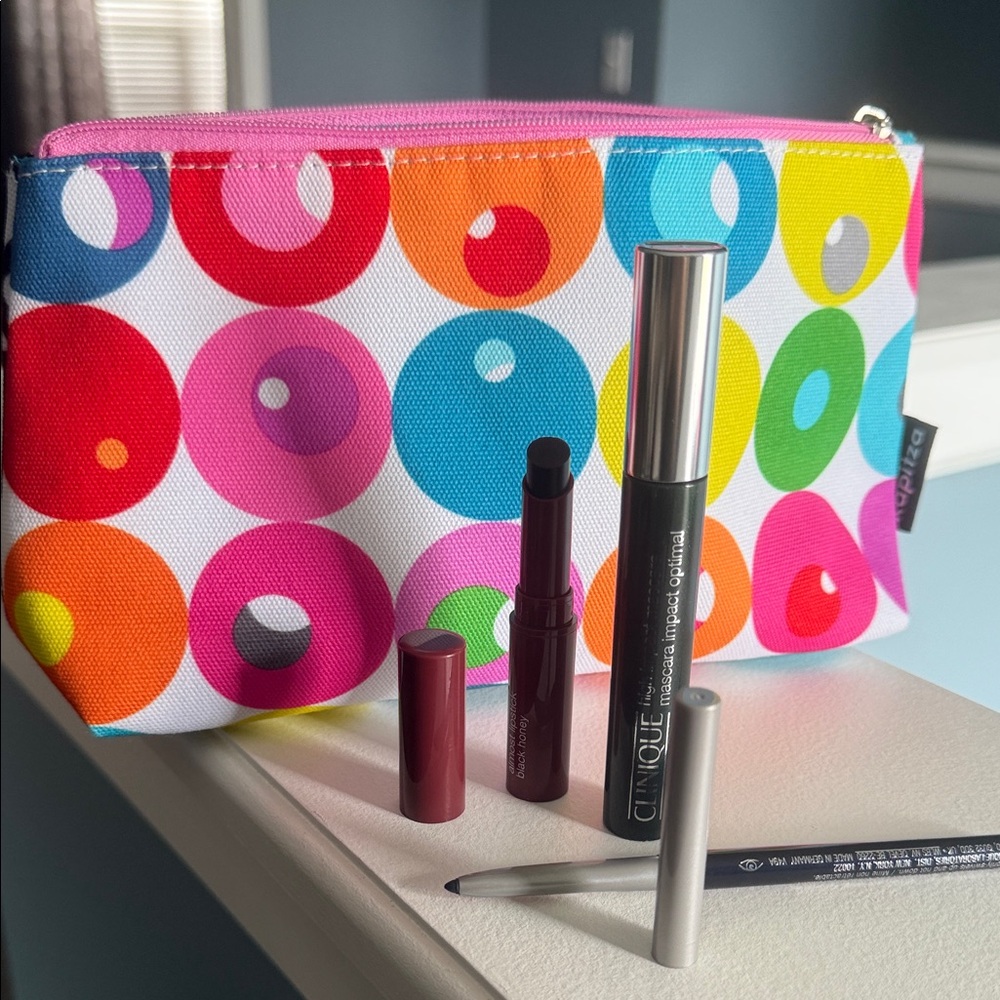 Clinique Polka Dot Makeup Bag with Lipstick, Mascara, and Eyeliner